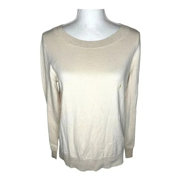 NEW LOFT Outlet Women’s Medium‎ Cream Sweater Glittery Gold Neckline & Hem NWT - Picture 1 of 7